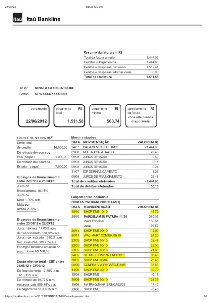 Fatura cartão Itaú