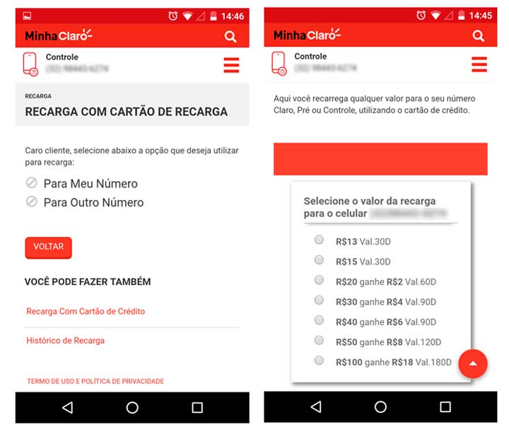 Recarga cartão de crédito da Claro